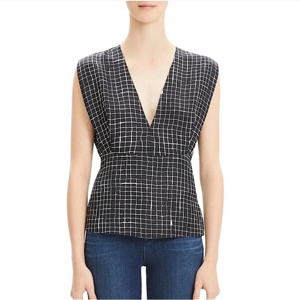 THEORY Kimono Silk Graphic Print Sleeveless Blouse in Black and White SZ S